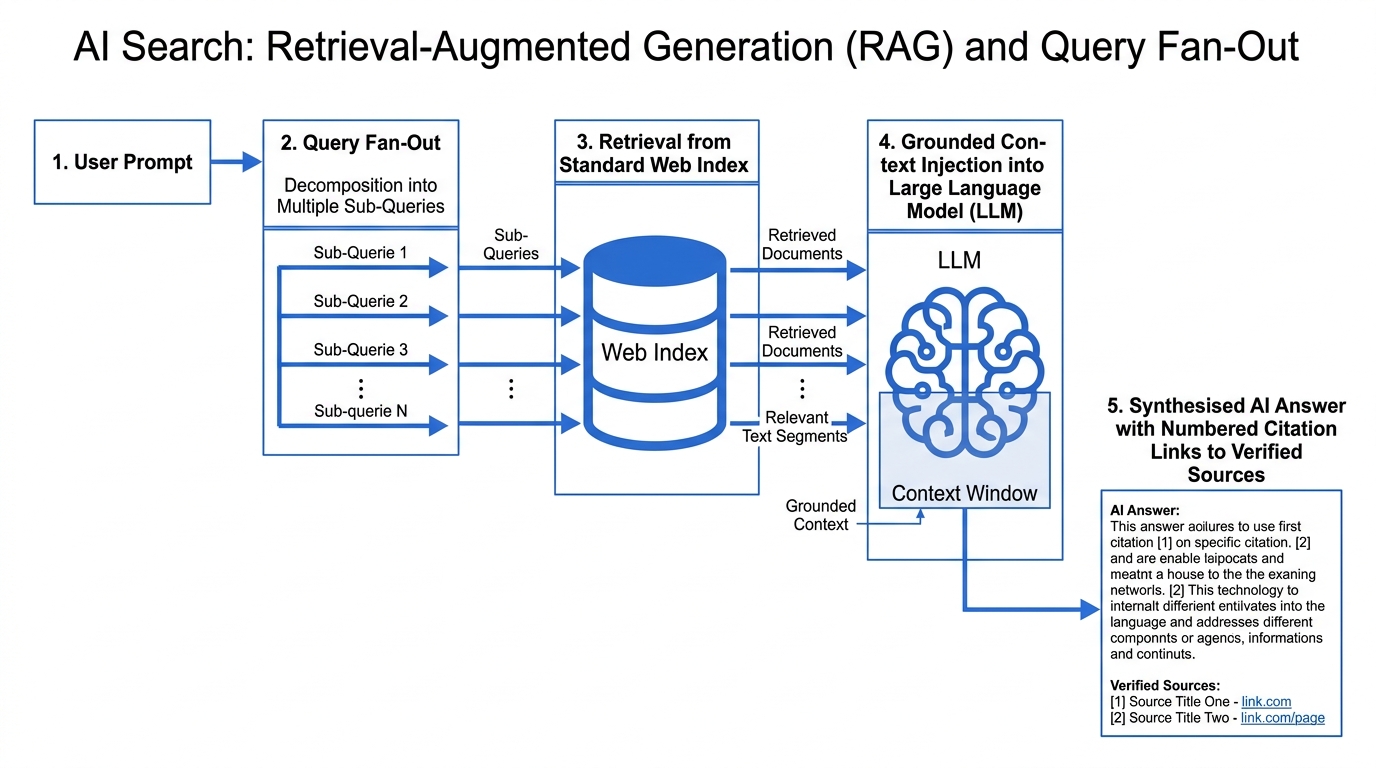 Diagram of AI Search: Retrieval-Augmented Generation (RAG) and Query Fan-Out architecture