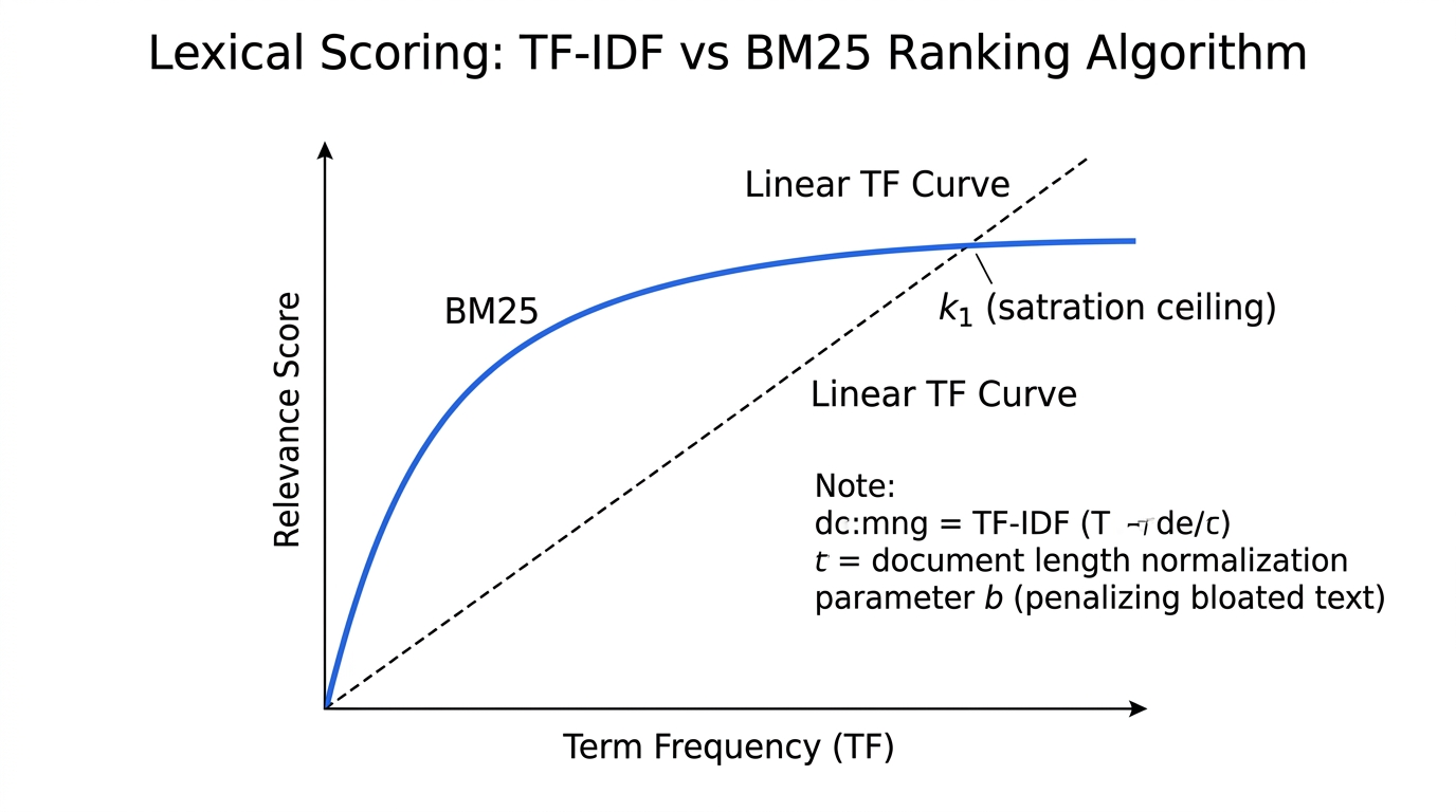 Diagram showing lexical scoring with BM25 term frequency saturation curve versus linear TF