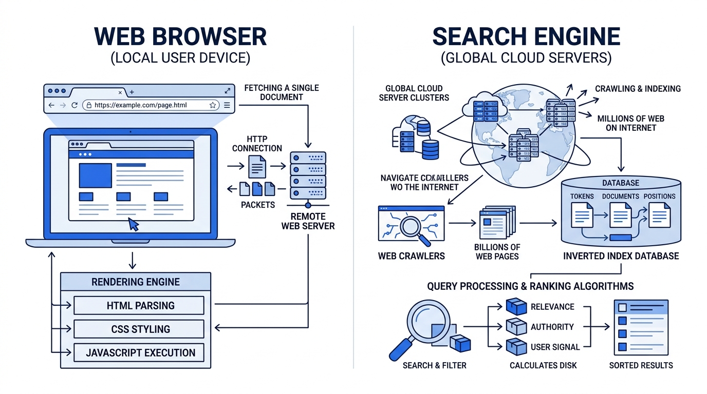 Technical comparison diagram between a web browser and a search engine