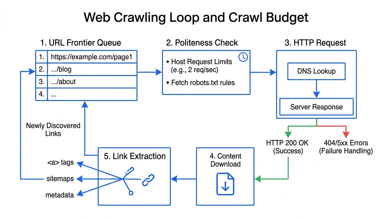 Diagram of the web crawler loop: URL frontier, politeness check, HTTP request, and link extraction