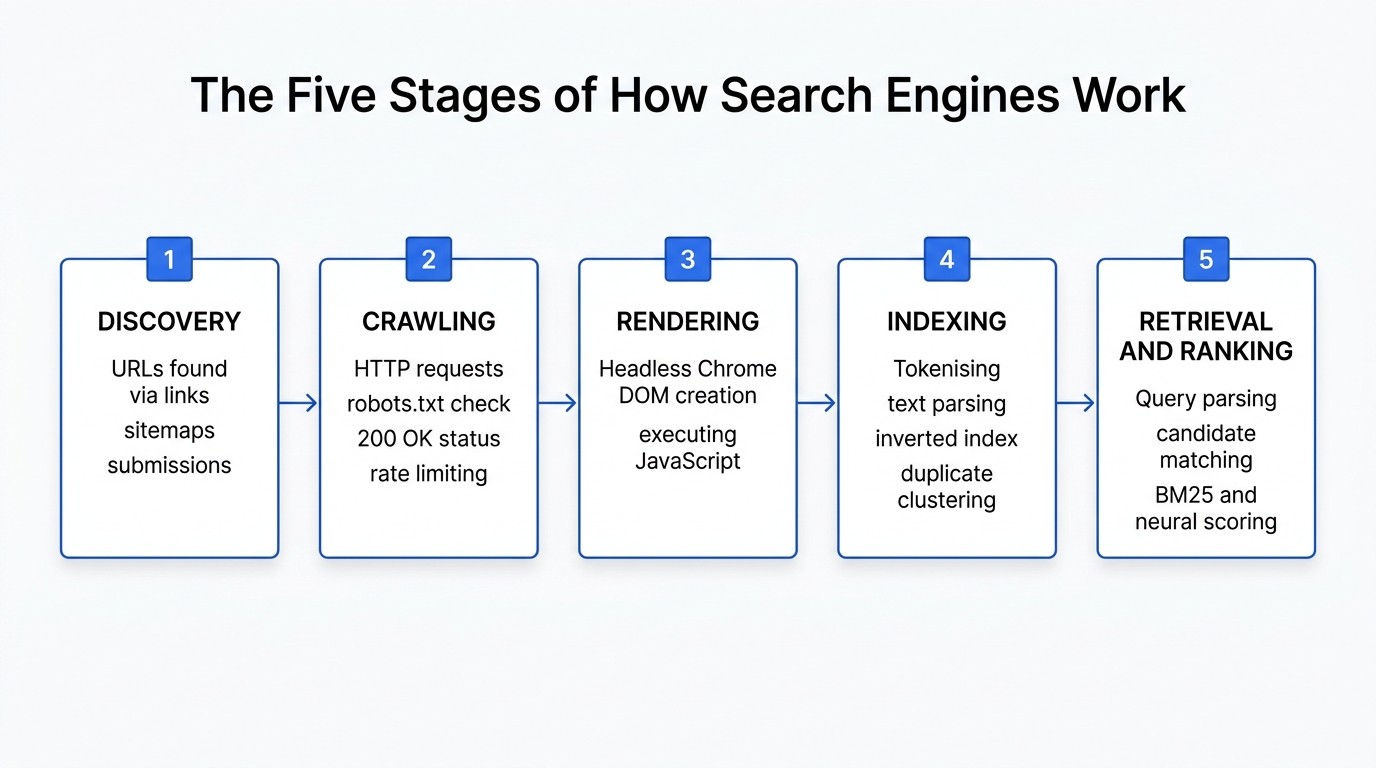 Diagram showing the 5 stages of search engine processing: Discovery, Crawling, Rendering, Indexing, and Retrieval and Ranking