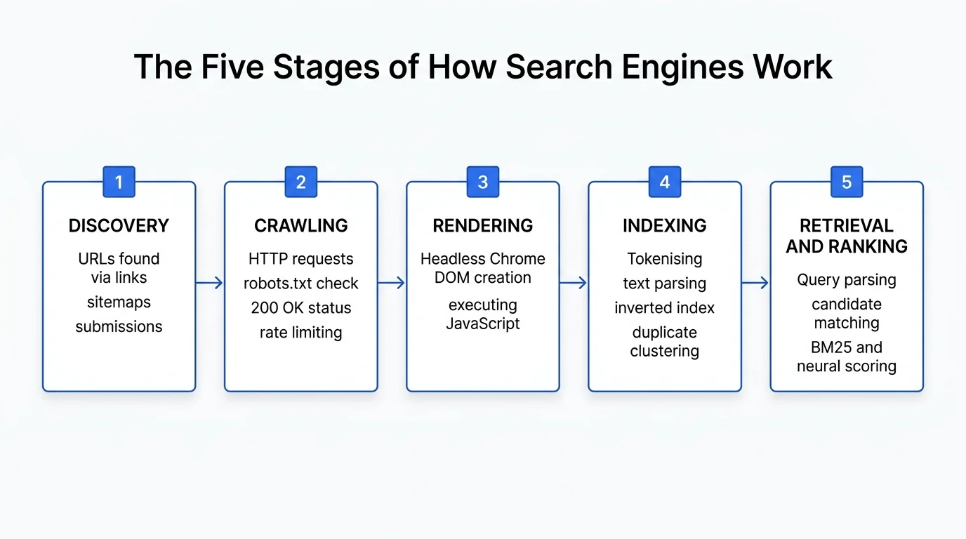 Diagram showing the 5 stages of search engine processing: Discovery, Crawling, Rendering, Indexing, and Retrieval and Ranking
