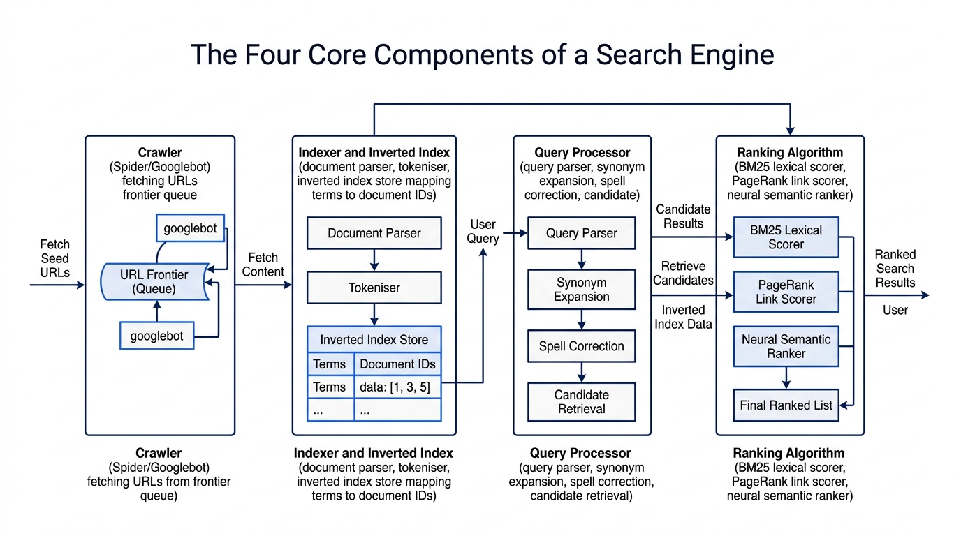 Architecture schematic showing the four core components of a search engine: crawler, indexer, query processor, and ranking algorithm