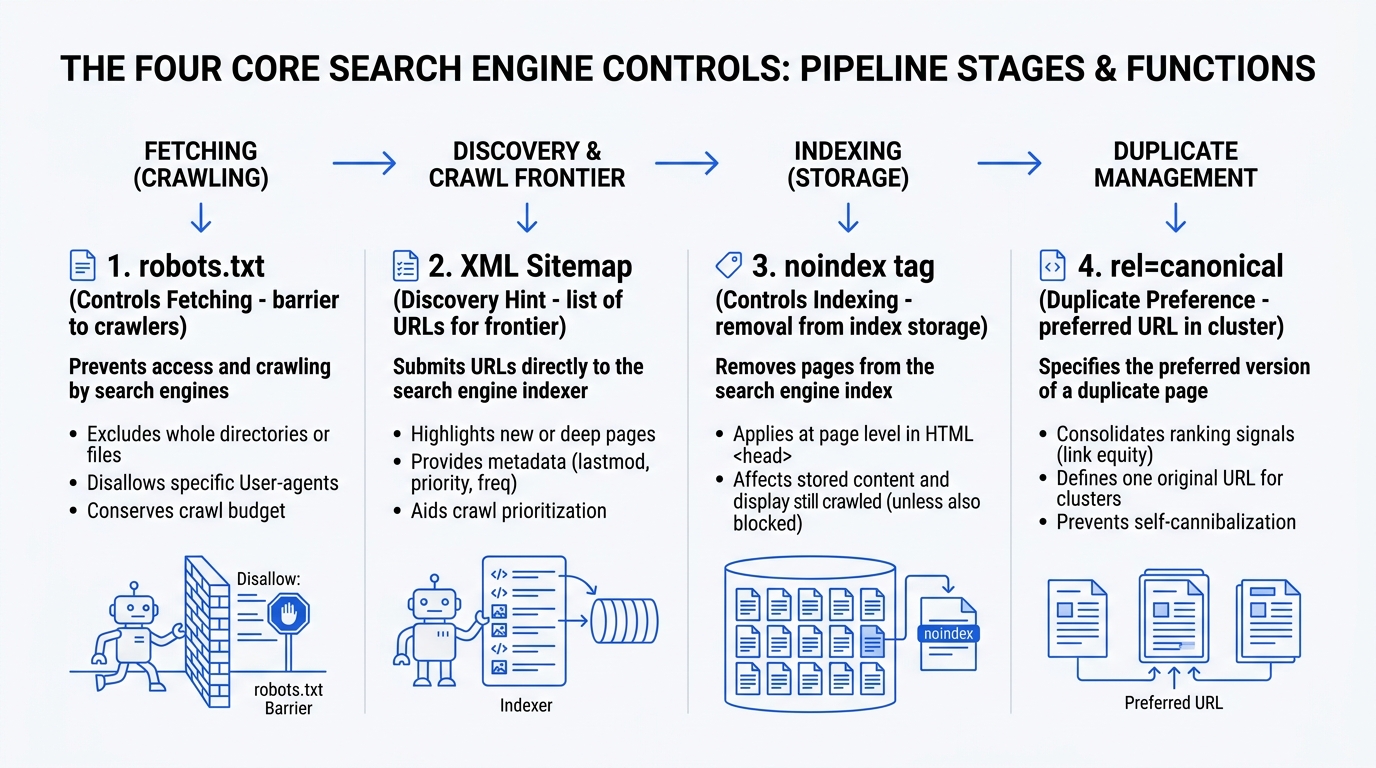 Diagram comparing the four core search engine controls: robots.txt, XML sitemap, noindex, and canonical