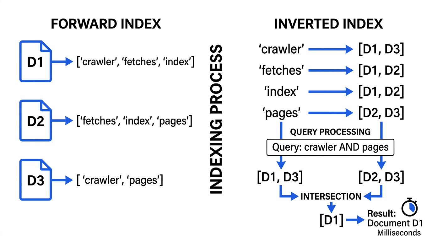 Diagram comparing forward index versus inverted index posting lists and query intersection