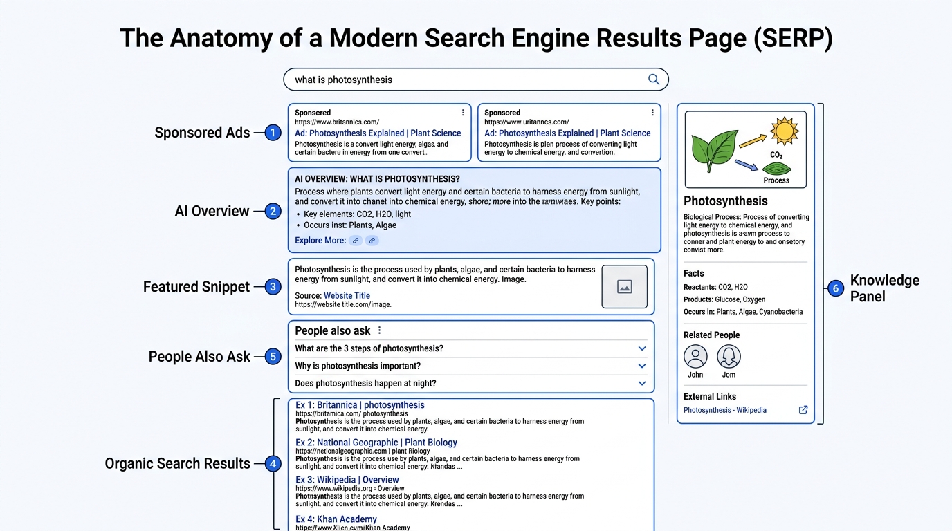 Diagram showing the anatomical breakdown of a modern search engine results page