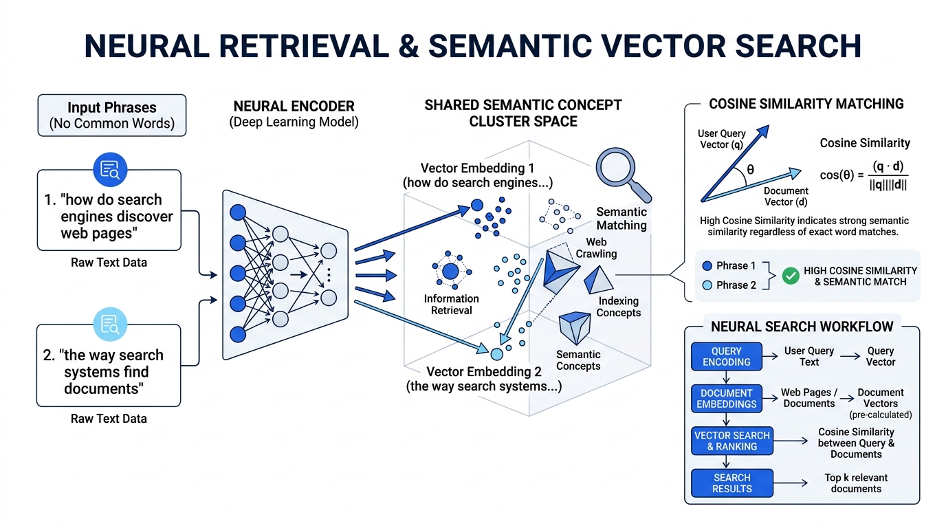 Neural retrieval and semantic vector search mapping query and document embeddings into shared conceptual space