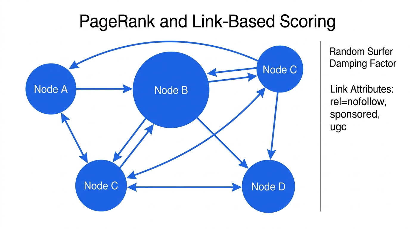 Directed link graph diagram illustrating PageRank authority flow and random surfer model