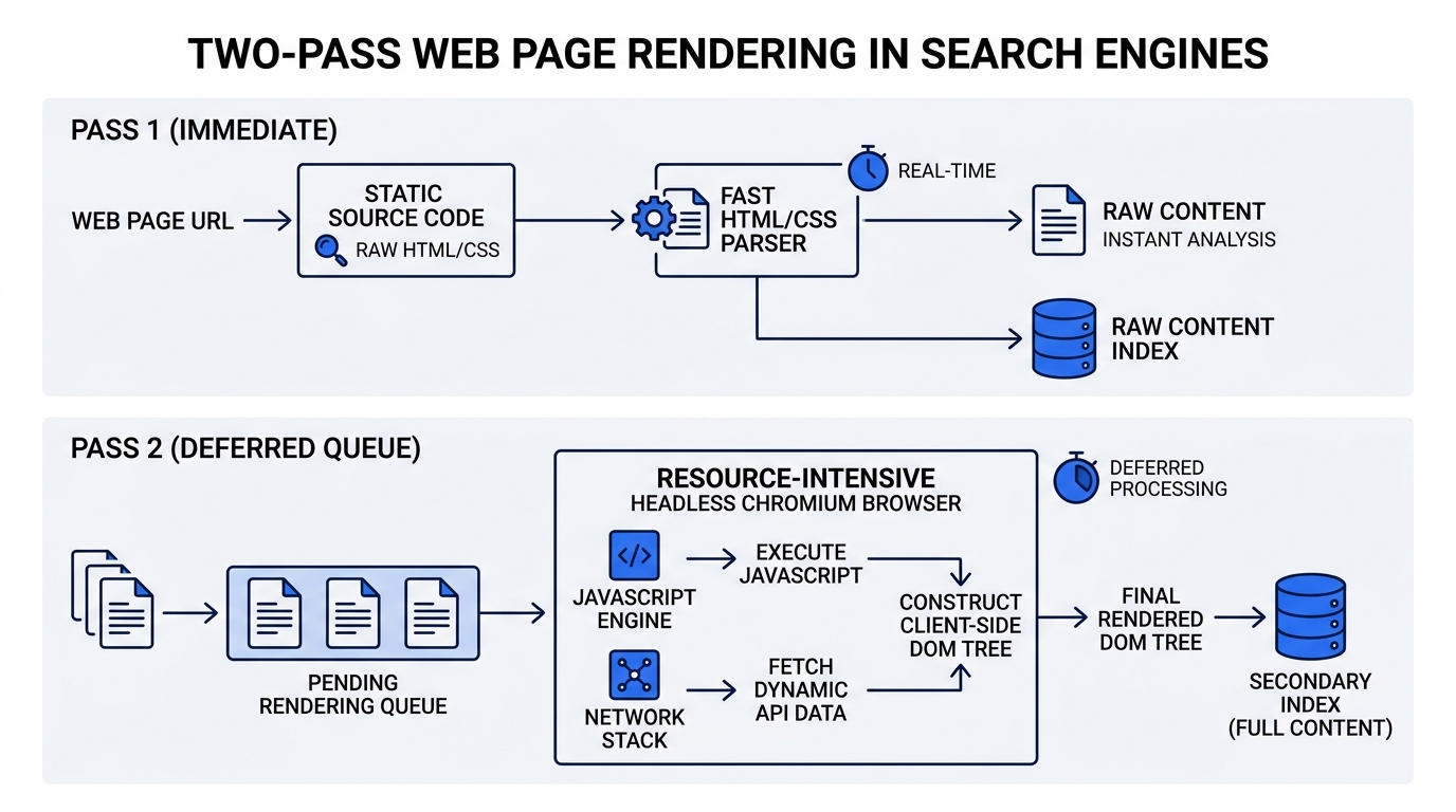 Two-pass web page rendering workflow: immediate raw HTML parsing versus deferred headless browser execution