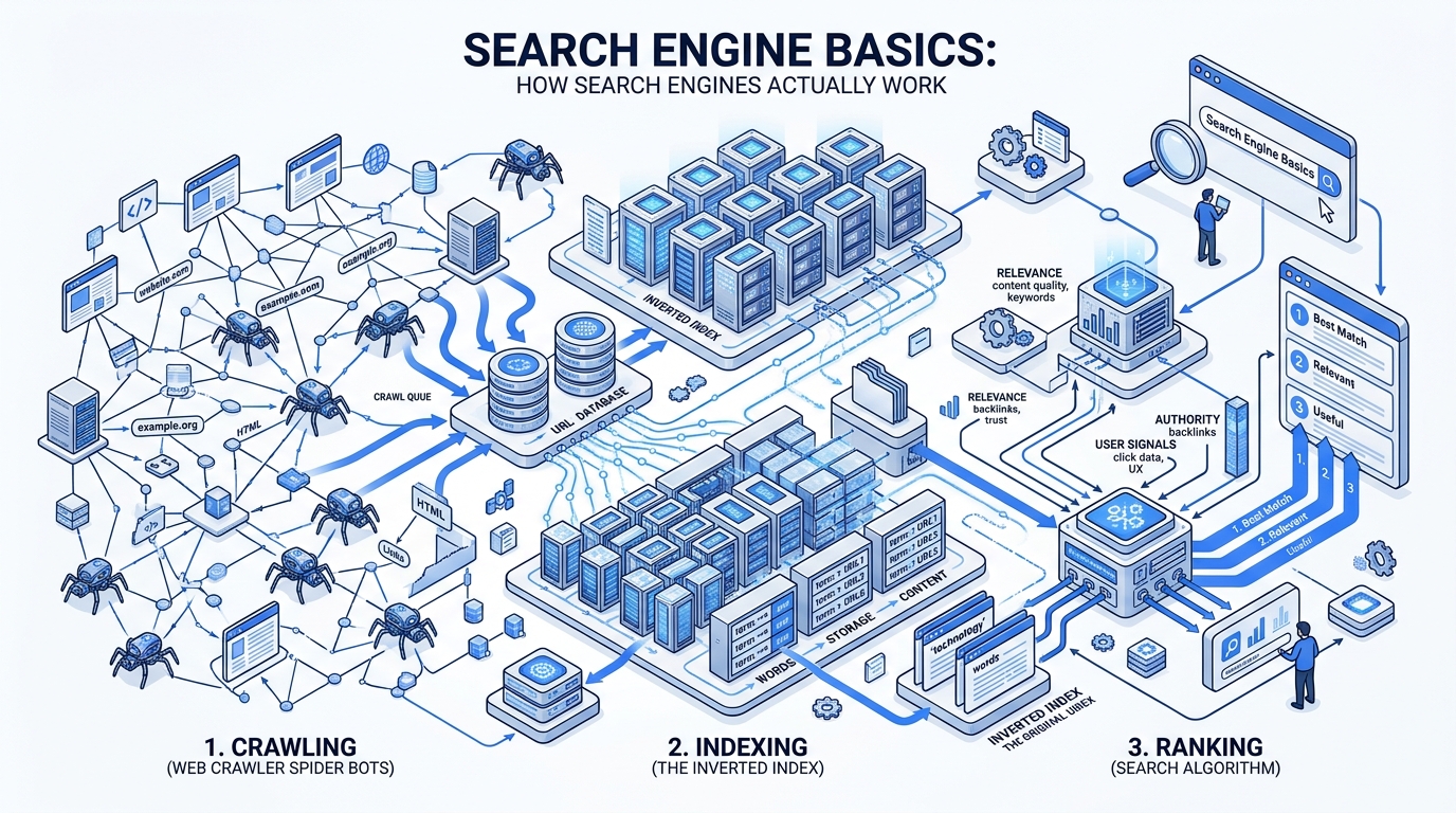 Search Engine Basics: How Search Engines Actually Work - Crawling, Indexing, and Ranking Architecture Diagram